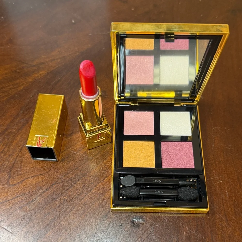 Yves Saint Laurent Gold Compact with‎ Neutral Nude & Brown Eye Pencils.